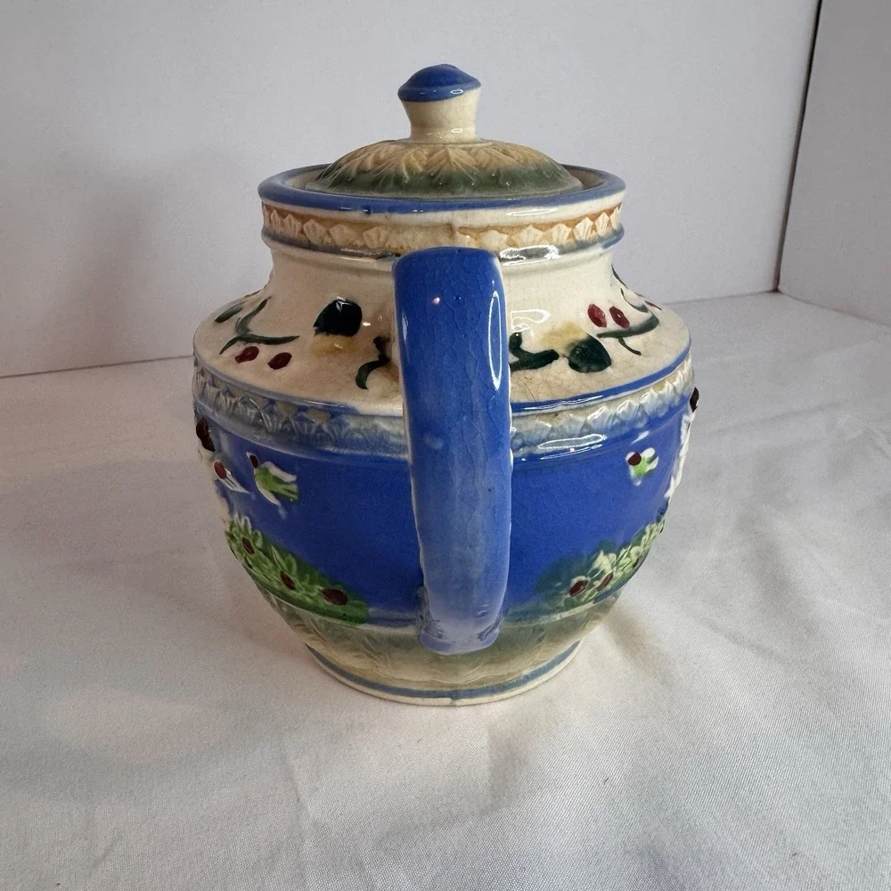 Vintage Japanese Relief Majolica Glazed Floral & Cherub Angels Teapot‎